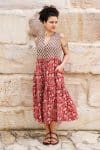 Womens, midi, Jhali Dress, sleeveless, 100% Cotton, hand block print. Natural Rustic Red - Rubira