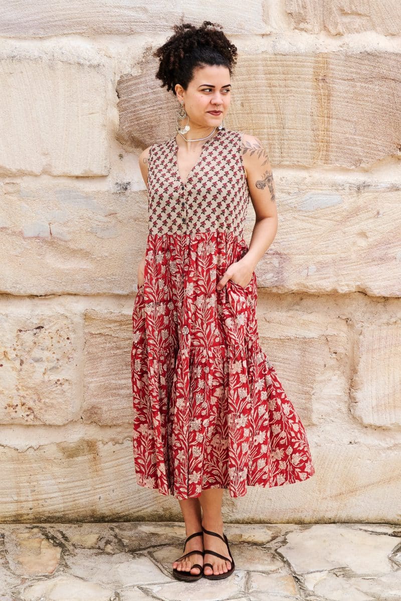 Womens, midi, Jhali Dress, sleeveless, 100% Cotton, hand block print. Natural Rustic Red - Rubira