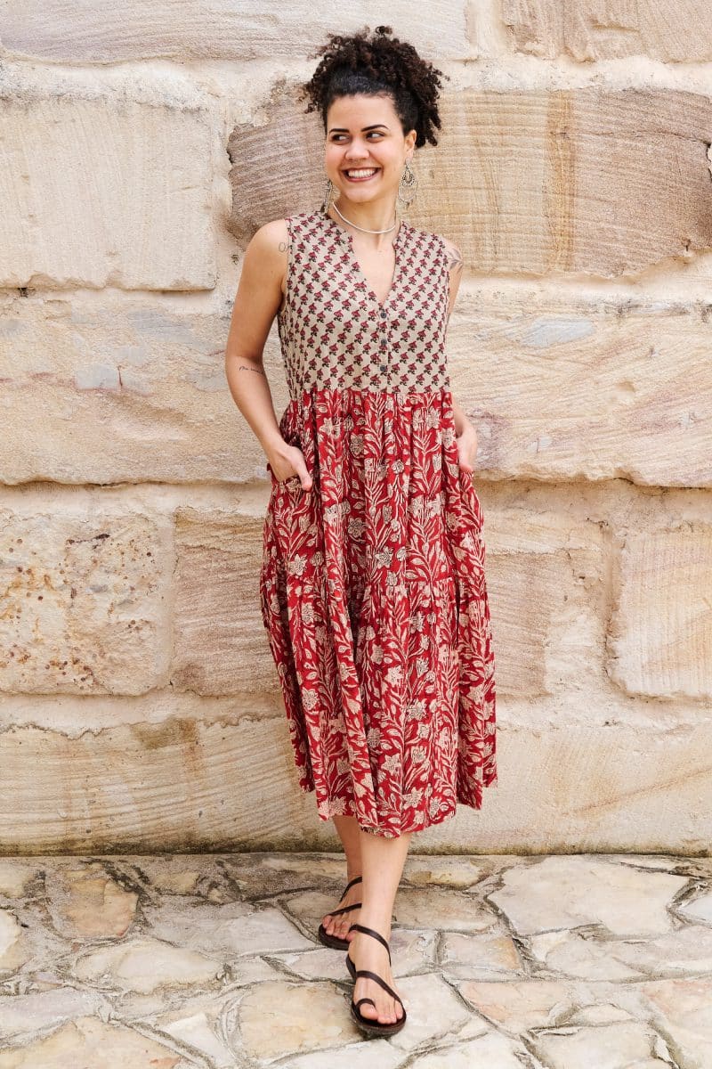 Womens, midi, Jhali Dress, sleeveless, 100% Cotton, hand block print. Natural Rustic Red - Rubira