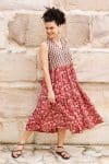 Womens, midi, Jhali Dress, sleeveless, 100% Cotton, hand block print. Natural Rustic Red - Rubira