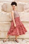 Womens, midi, Jhali Dress, sleeveless, 100% Cotton, hand block print. Natural Rustic Red - Rubira