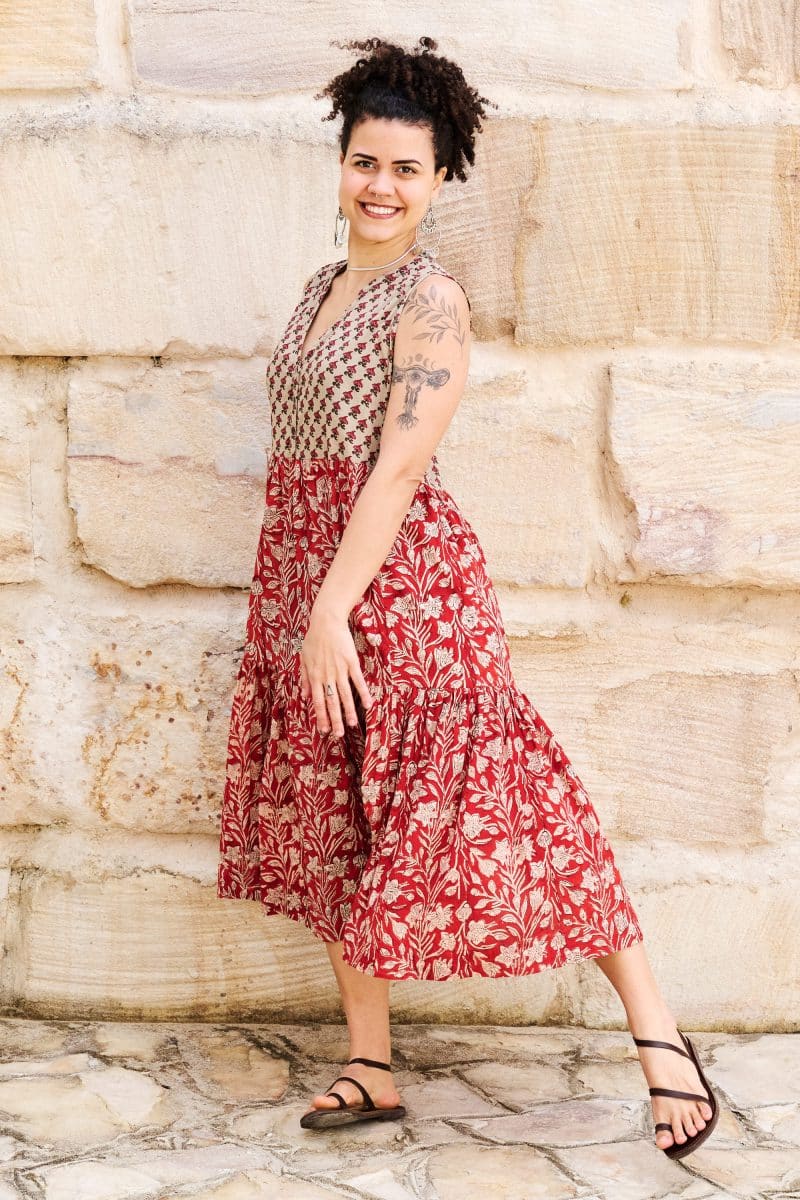 Womens, midi, Jhali Dress, sleeveless, 100% Cotton, hand block print. Natural Rustic Red - Rubira