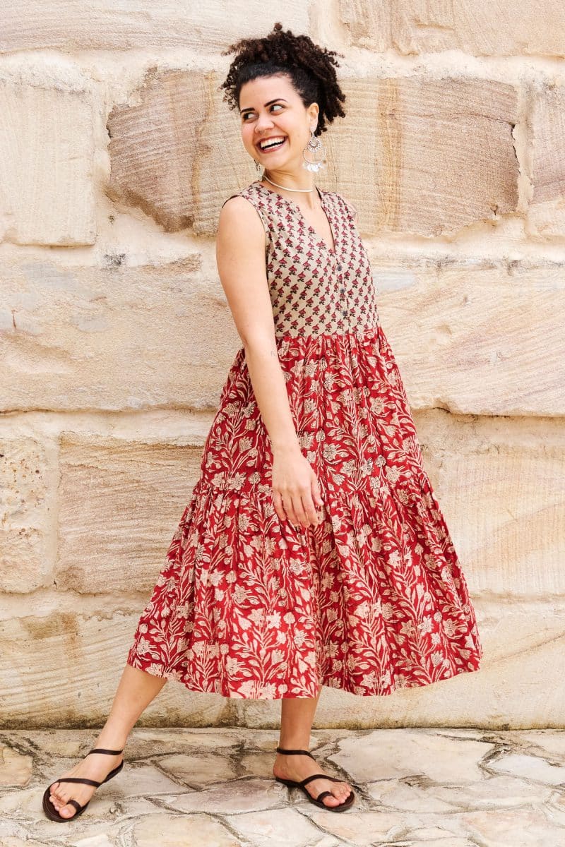 Womens, midi, Jhali Dress, sleeveless, 100% Cotton, hand block print. Natural Rustic Red - Rubira