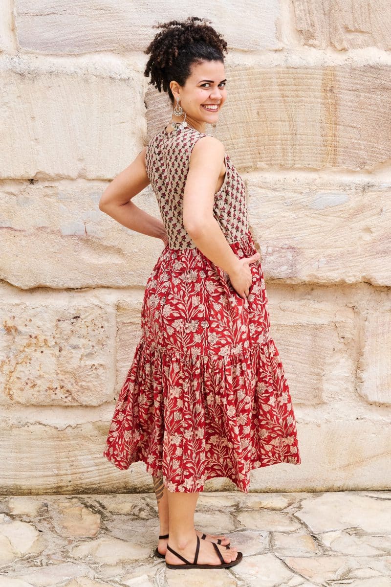 Womens, midi, Jhali Dress, sleeveless, 100% Cotton, hand block print. Natural Rustic Red - Rubira