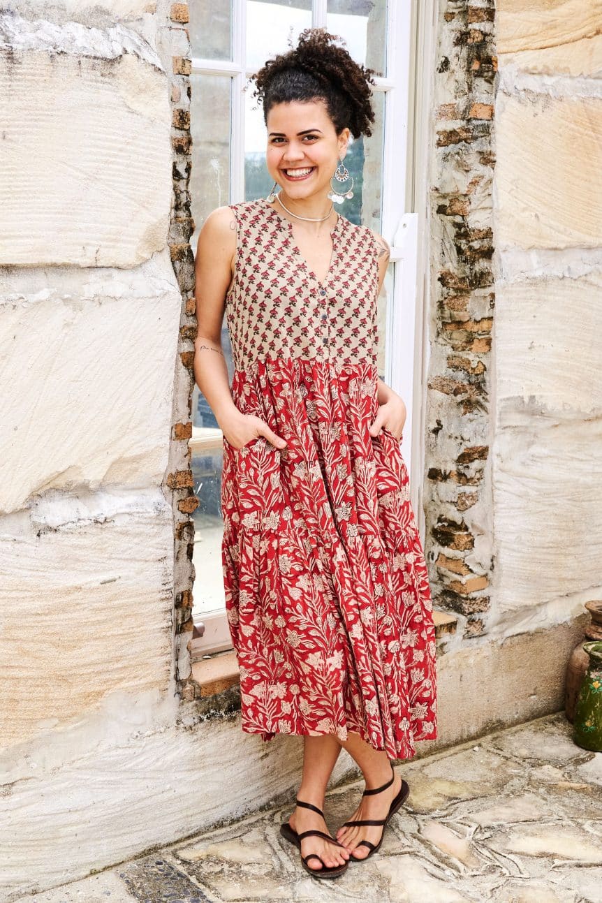 Womens, midi, Jhali Dress, sleeveless, 100% Cotton, hand block print. Natural Rustic Red - Rubira