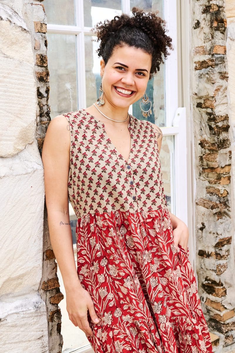 Womens, midi, Jhali Dress, sleeveless, 100% Cotton, hand block print. Natural Rustic Red - Rubira