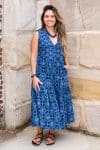 Womens, midi, Jhali Dress, sleeveless, 100% Cotton, hand block print. Natural Indigo Blue - Indigo Yantra