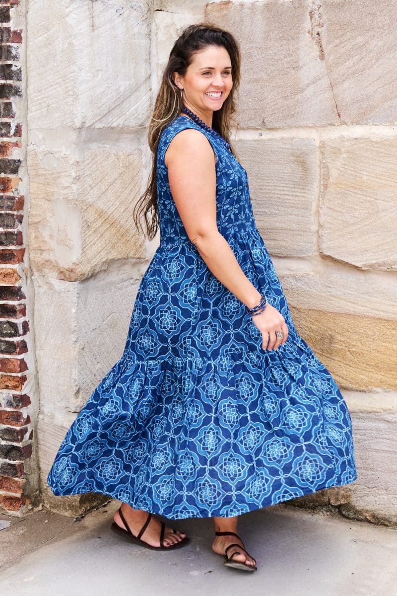 Womens, midi, Jhali Dress, sleeveless, 100% Cotton, hand block print. Natural Indigo Blue - Indigo Yantra