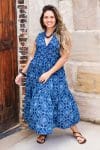 Womens, midi, Jhali Dress, sleeveless, 100% Cotton, hand block print. Natural Indigo Blue - Indigo Yantra