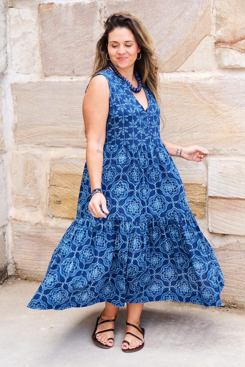 Womens, midi, Jhali Dress, sleeveless, 100% Cotton, hand block print. Natural Indigo Blue - Indigo Yantra