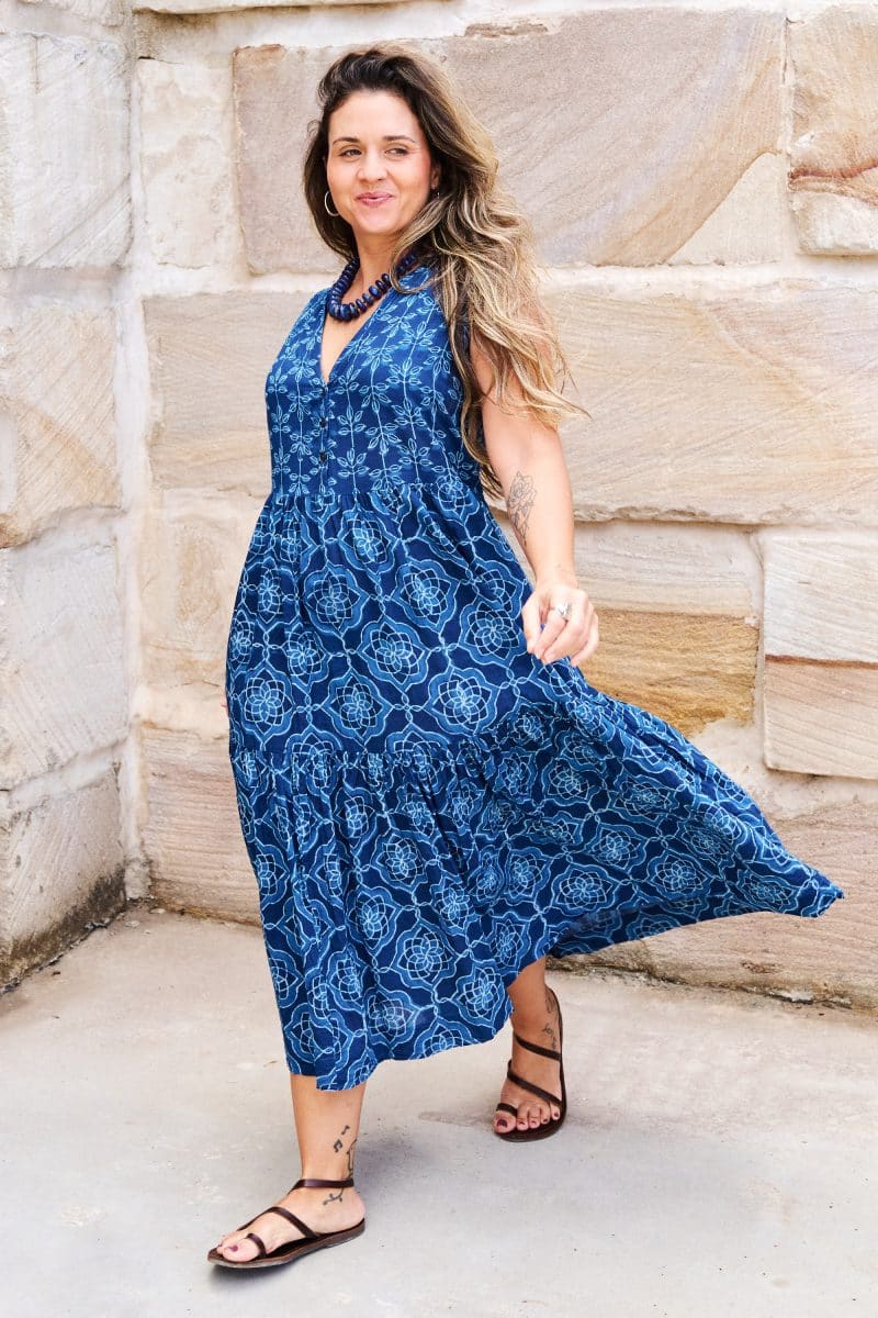 Womens, midi, Jhali Dress, sleeveless, 100% Cotton, hand block print. Natural Indigo Blue - Indigo Yantra