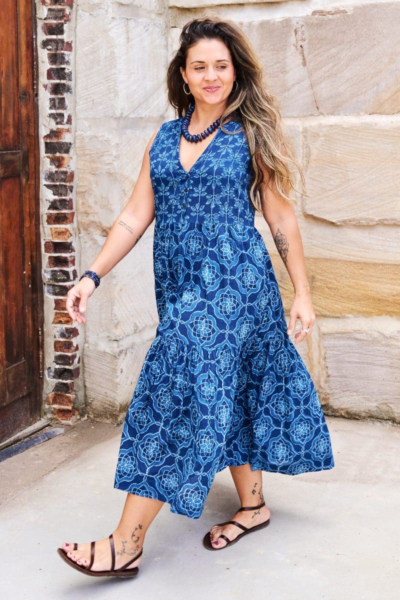 Womens, midi, Jhali Dress, sleeveless, 100% Cotton, hand block print. Natural Indigo Blue - Indigo Yantra