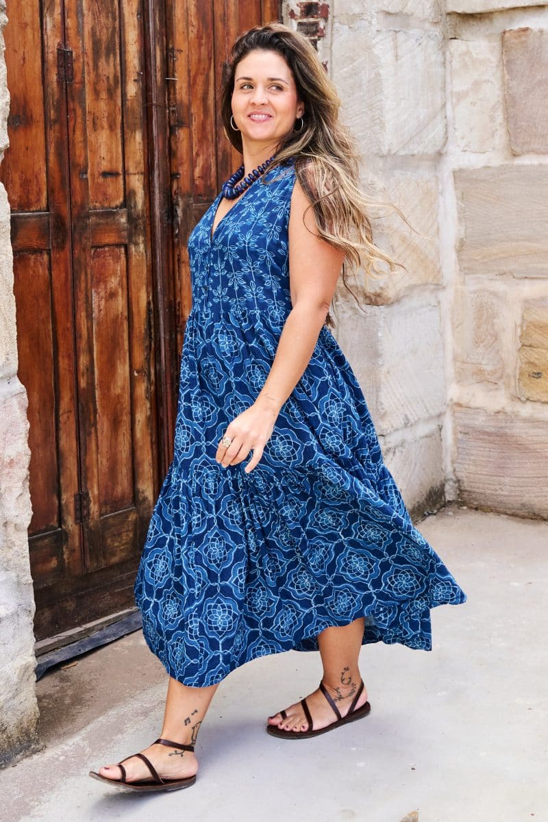 Womens, midi, Jhali Dress, sleeveless, 100% Cotton, hand block print. Natural Indigo Blue - Indigo Yantra