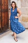 Womens, midi, Jhali Dress, sleeveless, 100% Cotton, hand block print. Natural Indigo Blue - Indigo Yantra