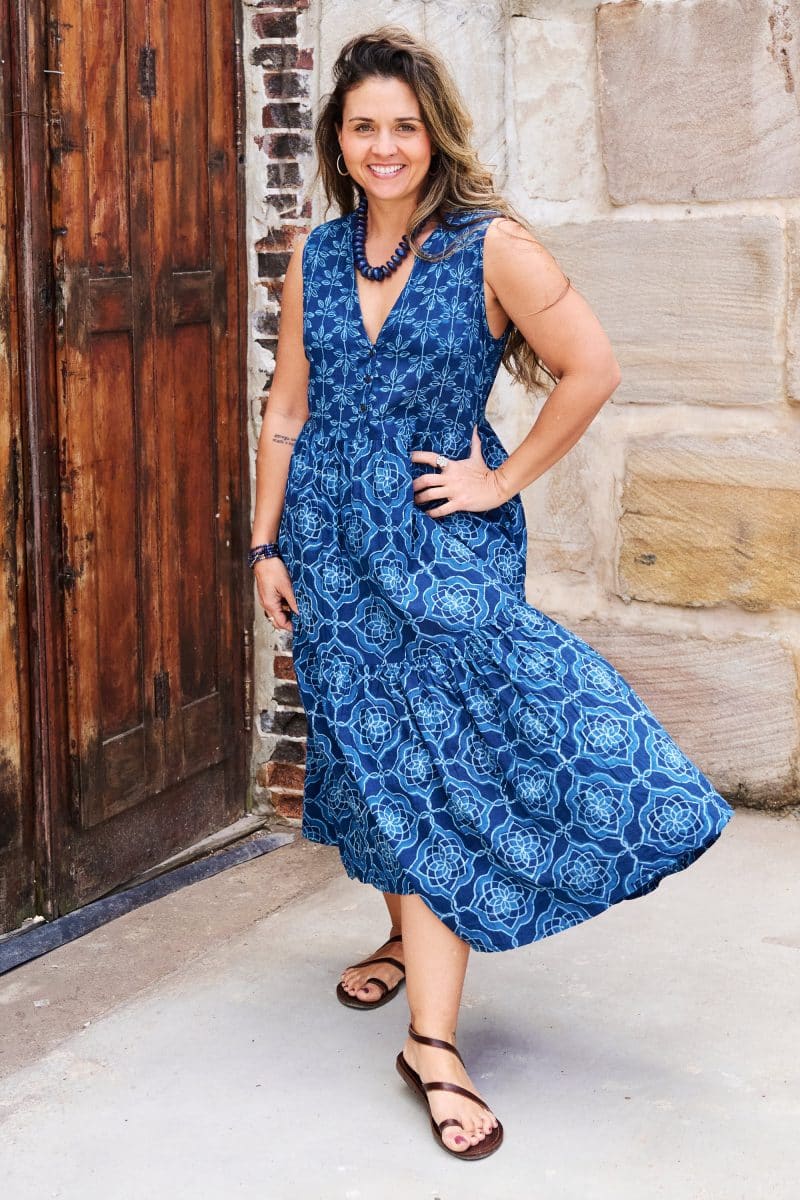 Womens, midi, Jhali Dress, sleeveless, 100% Cotton, hand block print. Natural Indigo Blue - Indigo Yantra