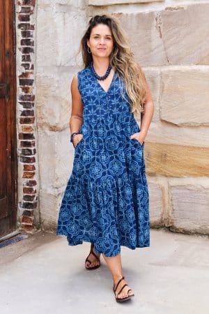Womens, midi, Jhali Dress, sleeveless, 100% Cotton, hand block print. Natural Indigo Blue - Indigo Yantra