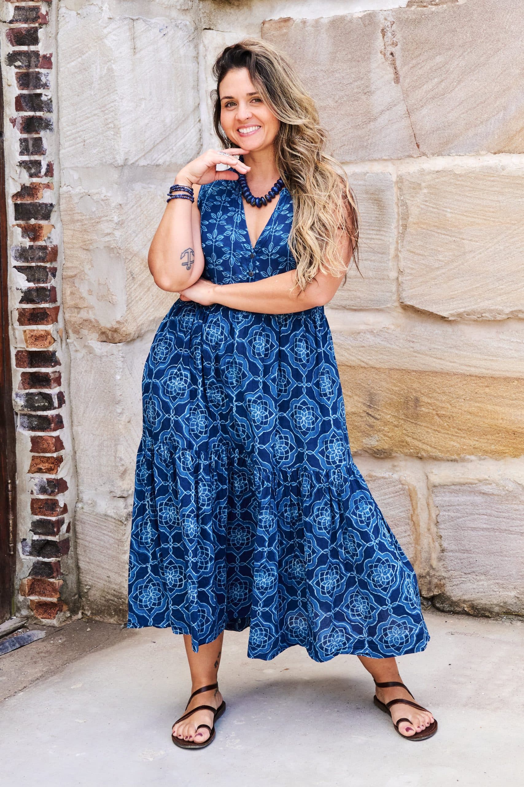 Womens, midi, Jhali Dress, sleeveless, 100% Cotton, hand block print. Natural Indigo Blue - Indigo Yantra