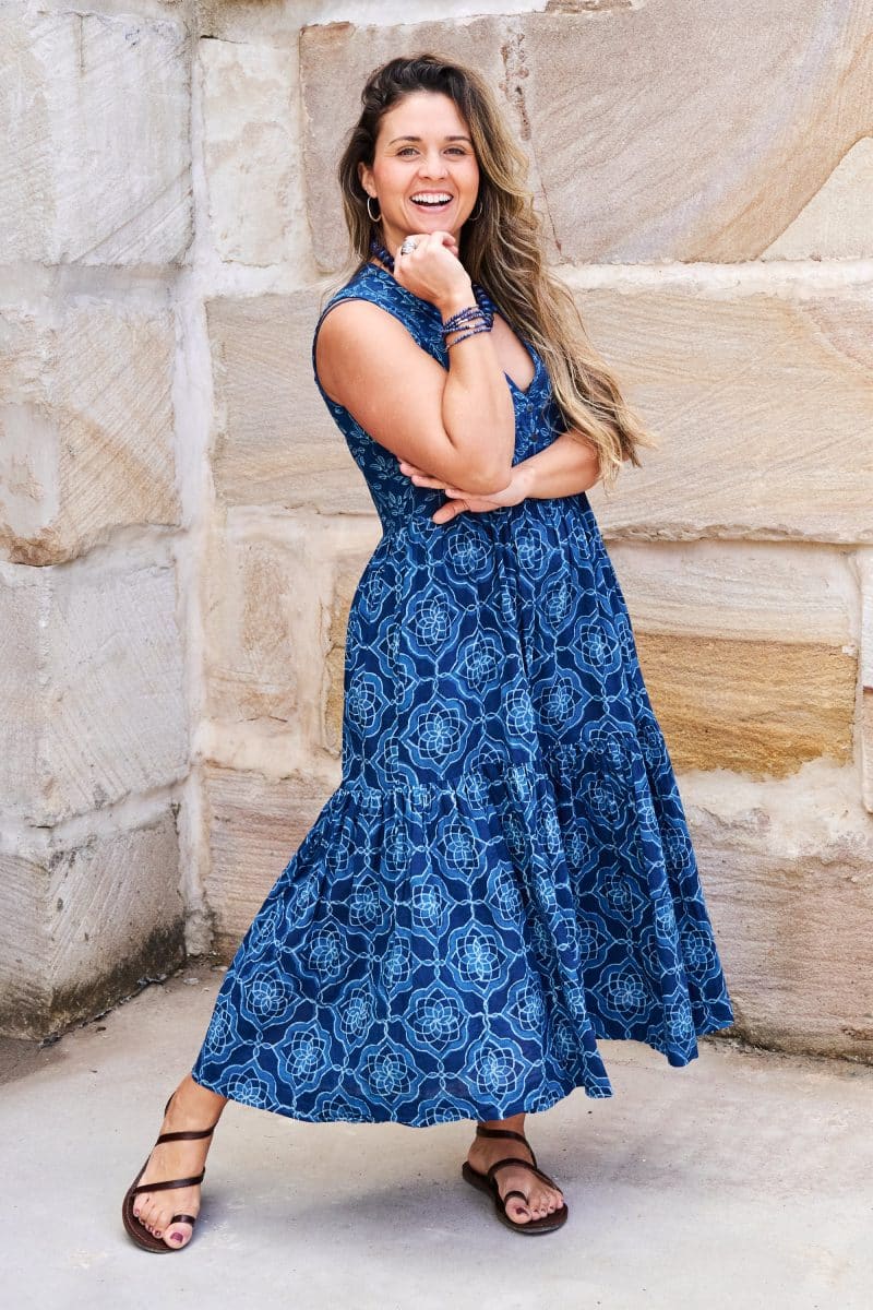 Womens, midi, Jhali Dress, sleeveless, 100% Cotton, hand block print. Natural Indigo Blue - Indigo Yantra