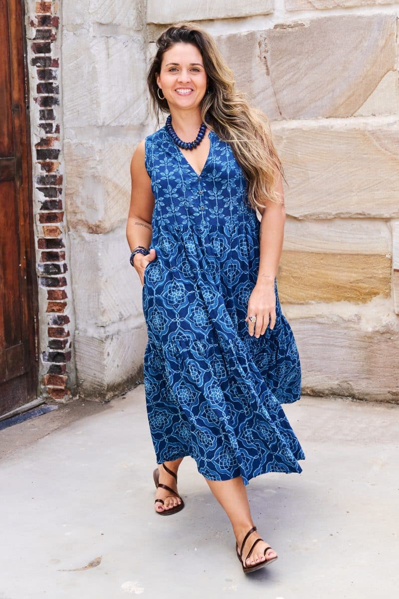 Womens, midi, Jhali Dress, sleeveless, 100% Cotton, hand block print. Natural Indigo Blue - Indigo Yantra