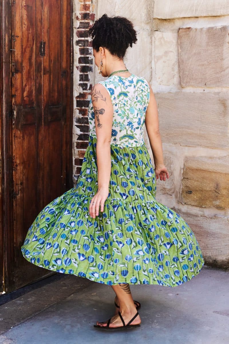 Womens, midi, Jhali Dress, sleeveless, 100% Cotton, hand block print. Summer Green - Verde