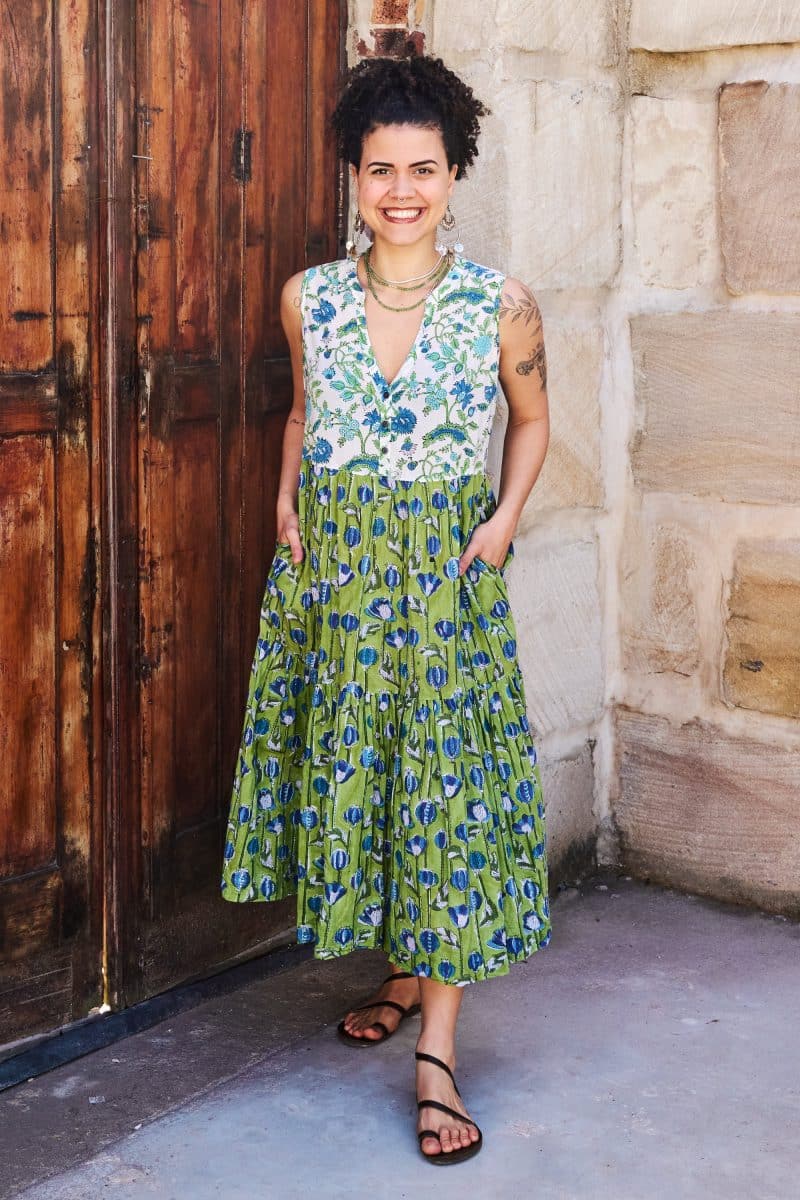 Womens, midi, Jhali Dress, sleeveless, 100% Cotton, hand block print. Summer Green - Verde