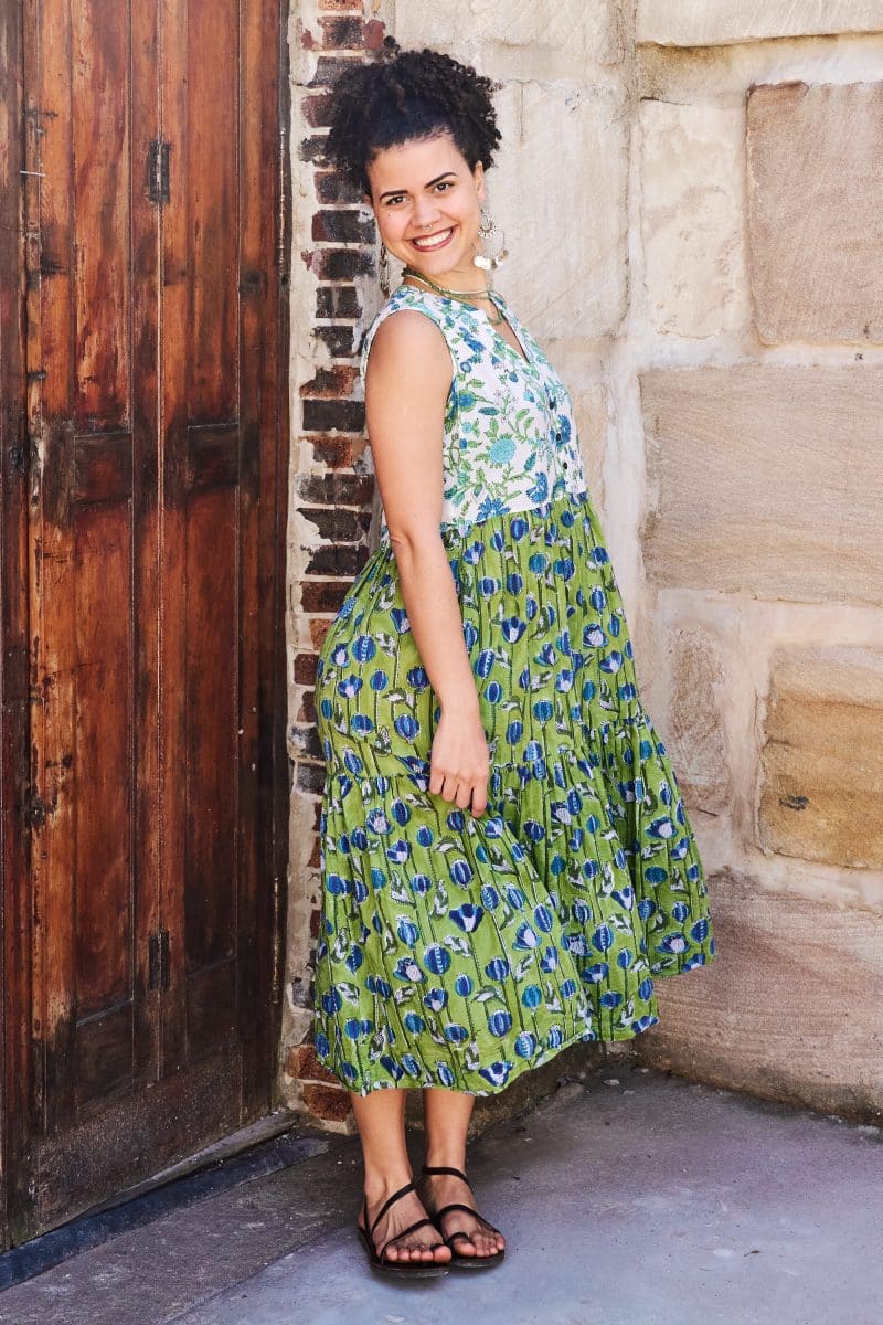 Womens, midi, Jhali Dress, sleeveless, 100% Cotton, hand block print. Summer Green - Verde