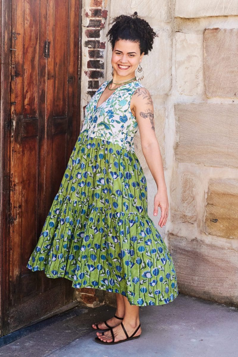 Womens, midi, Jhali Dress, sleeveless, 100% Cotton, hand block print. Summer Green - Verde