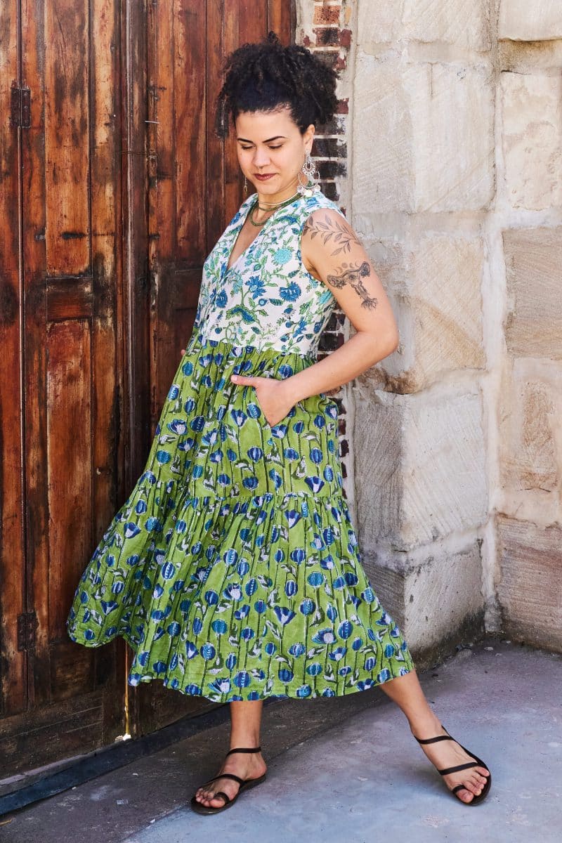Womens, midi, Jhali Dress, sleeveless, 100% Cotton, hand block print. Summer Green - Verde