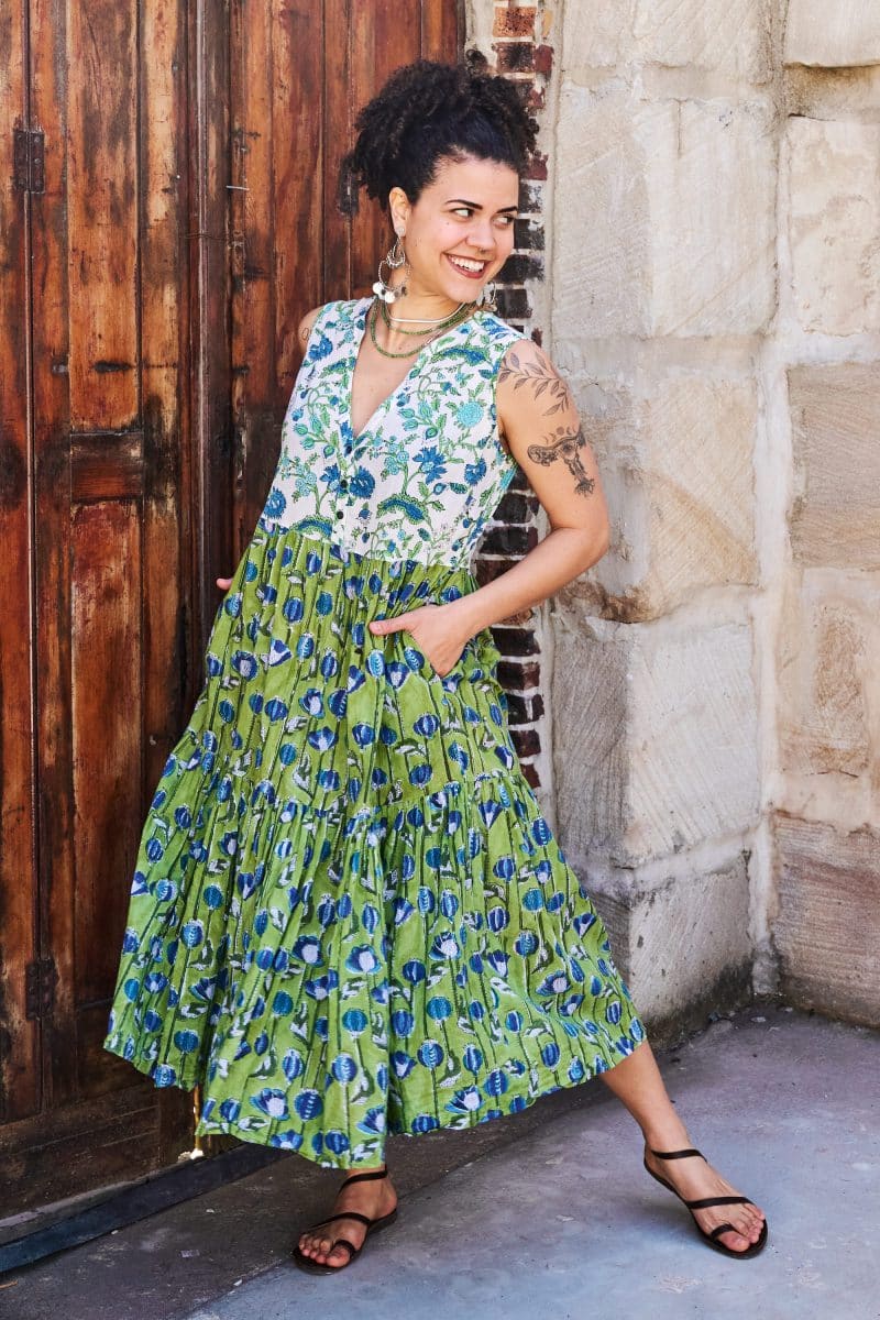 Womens, midi, Jhali Dress, sleeveless, 100% Cotton, hand block print. Summer Green - Verde