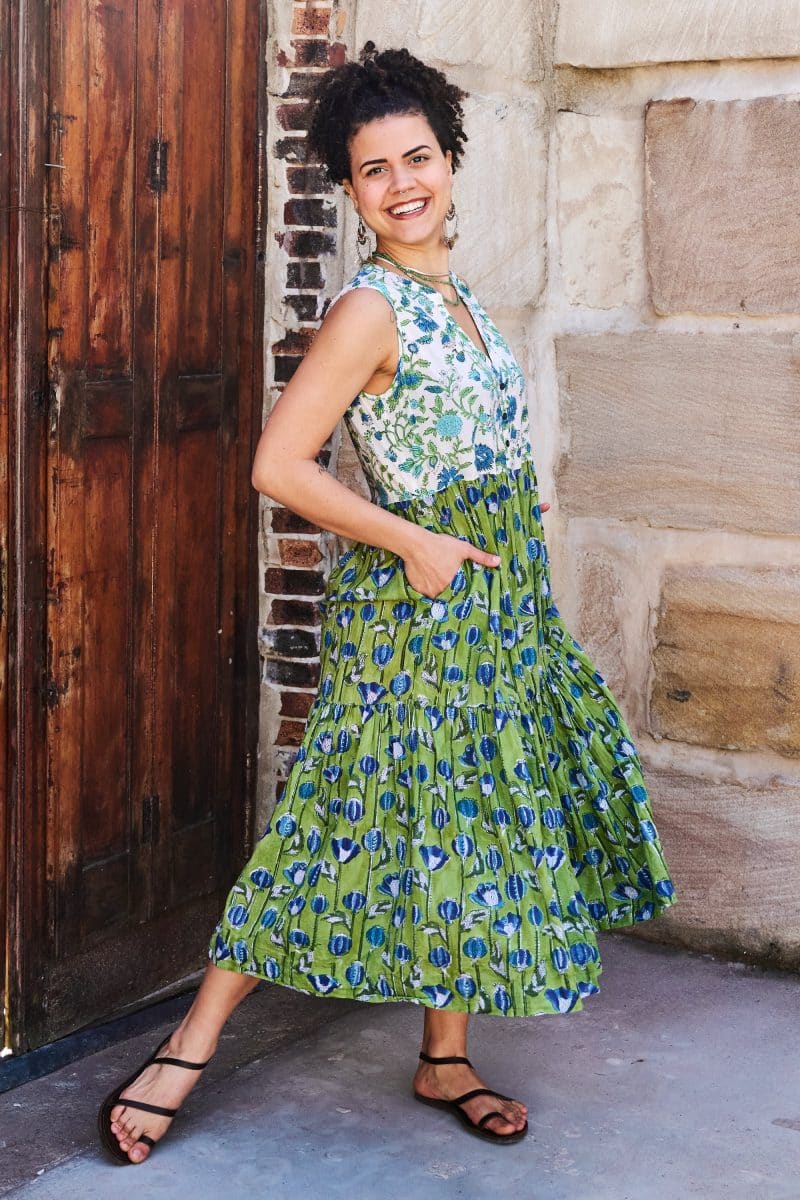 Womens, midi, Jhali Dress, sleeveless, 100% Cotton, hand block print. Summer Green - Verde