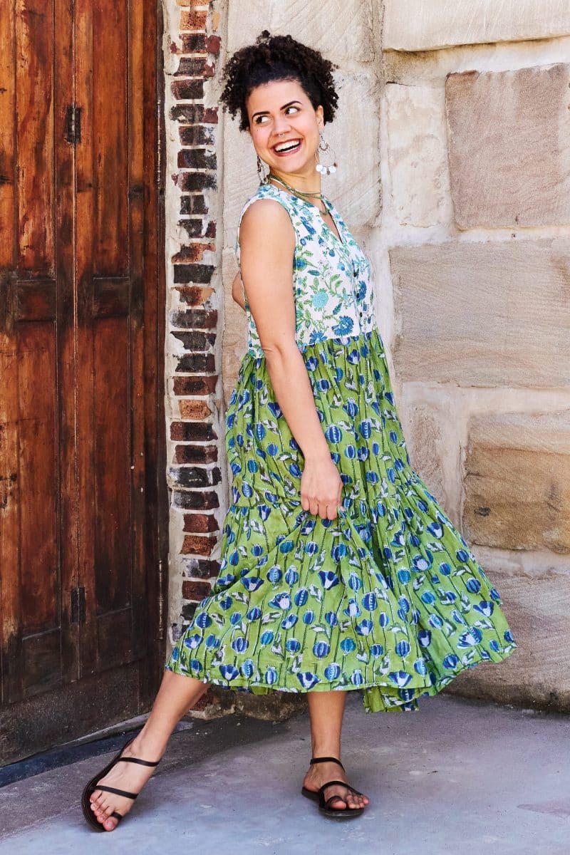 Womens, midi, Jhali Dress, sleeveless, 100% Cotton, hand block print. Summer Green - Verde