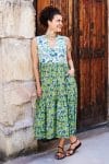 Womens, midi, Jhali Dress, sleeveless, 100% Cotton, hand block print. Summer Green - Verde