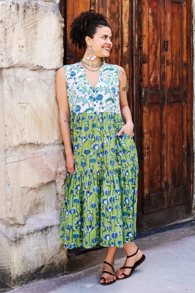 Womens, midi, Jhali Dress, sleeveless, 100% Cotton, hand block print. Summer Green - Verde