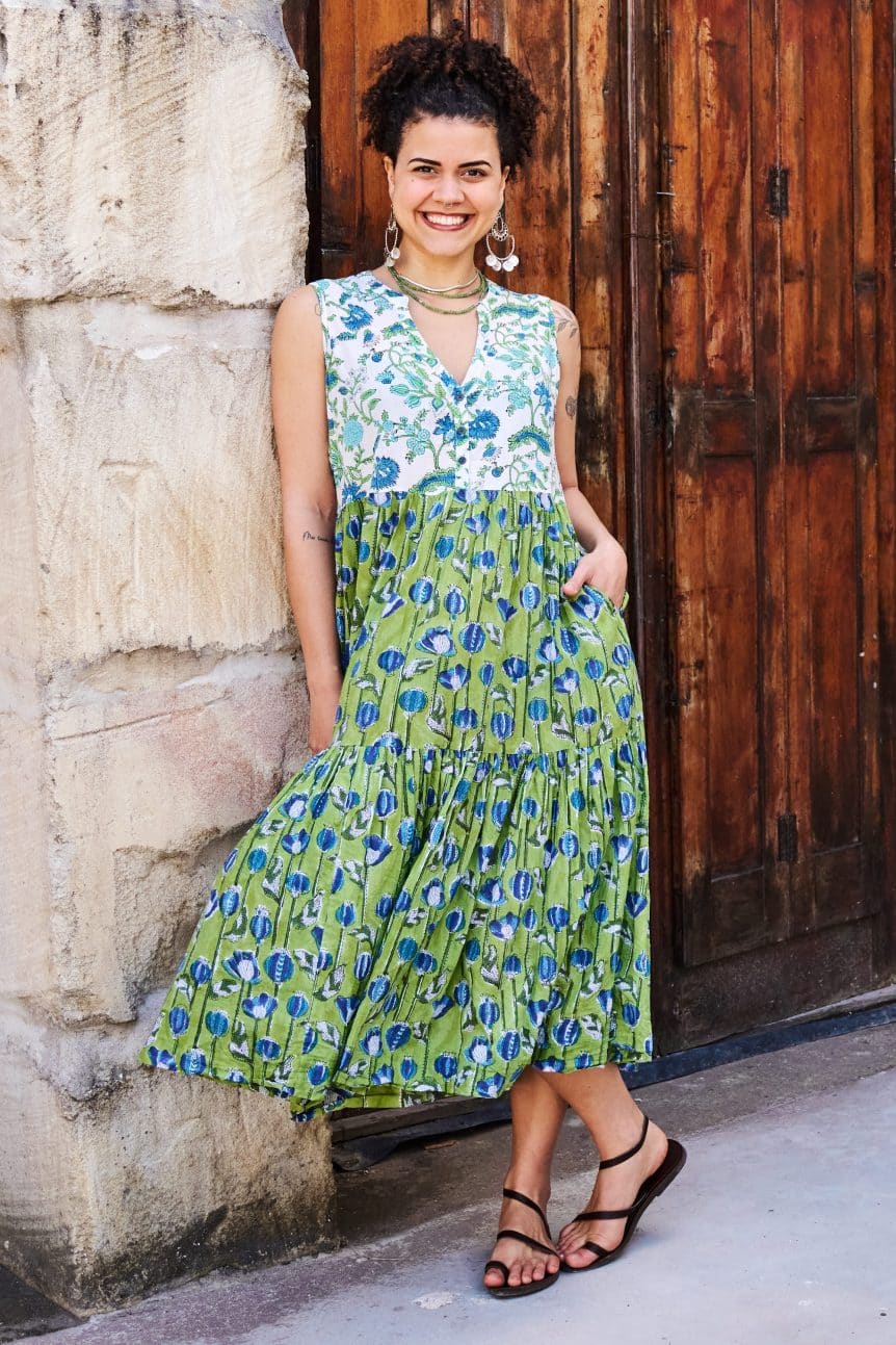 Womens, midi, Jhali Dress, sleeveless, 100% Cotton, hand block print. Summer Green - Verde
