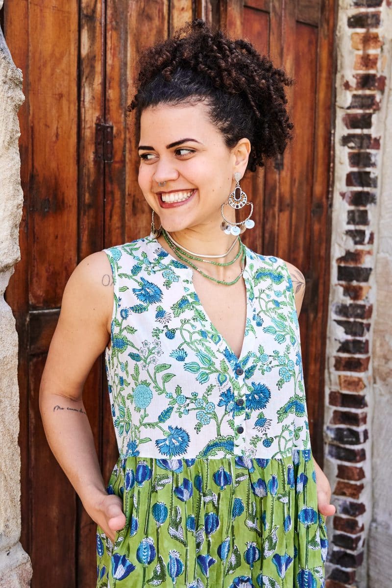 Womens, midi, Jhali Dress, sleeveless, 100% Cotton, hand block print. Summer Green - Verde