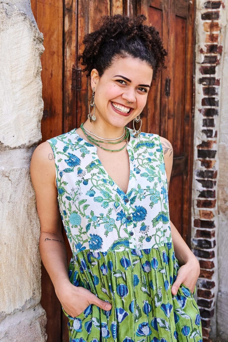 Womens, midi, Jhali Dress, sleeveless, 100% Cotton, hand block print. Summer Green - Verde