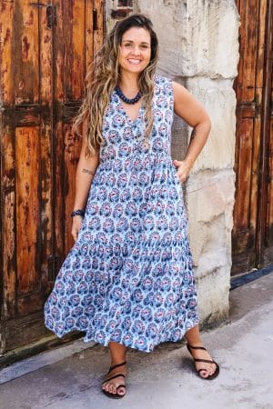 Womens, midi, Jhali Dress, sleeveless, 100% Cotton, hand block print. Saphire Blue - Saphira