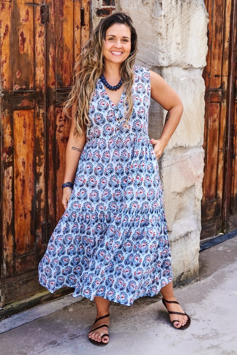 Womens, midi, Jhali Dress, sleeveless, 100% Cotton, hand block print. Saphire Blue - Saphira