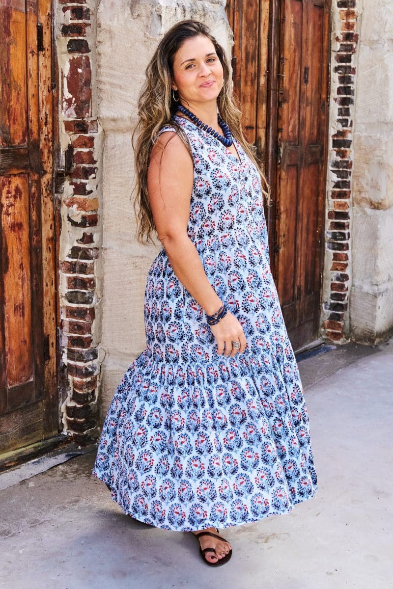 Womens, midi, Jhali Dress, sleeveless, 100% Cotton, hand block print. Saphire Blue - Saphira