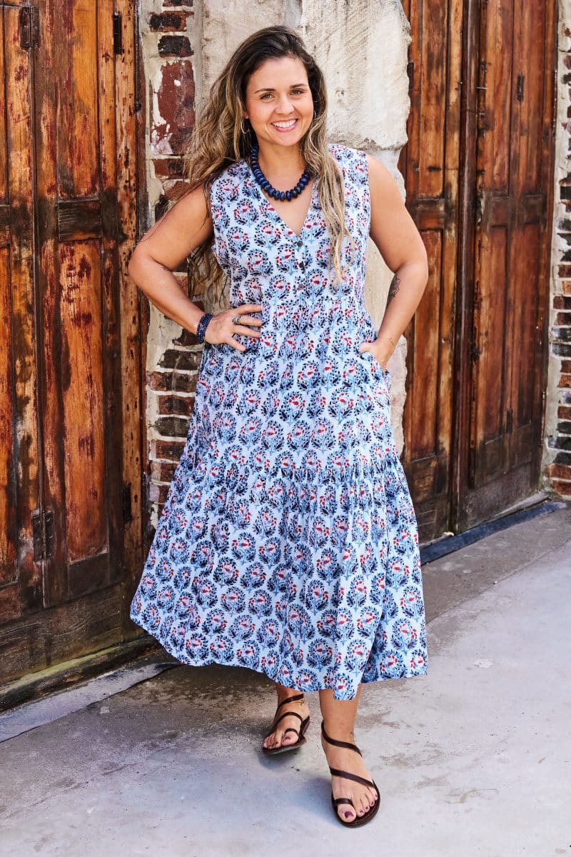 Womens, midi, Jhali Dress, sleeveless, 100% Cotton, hand block print. Saphire Blue - Saphira