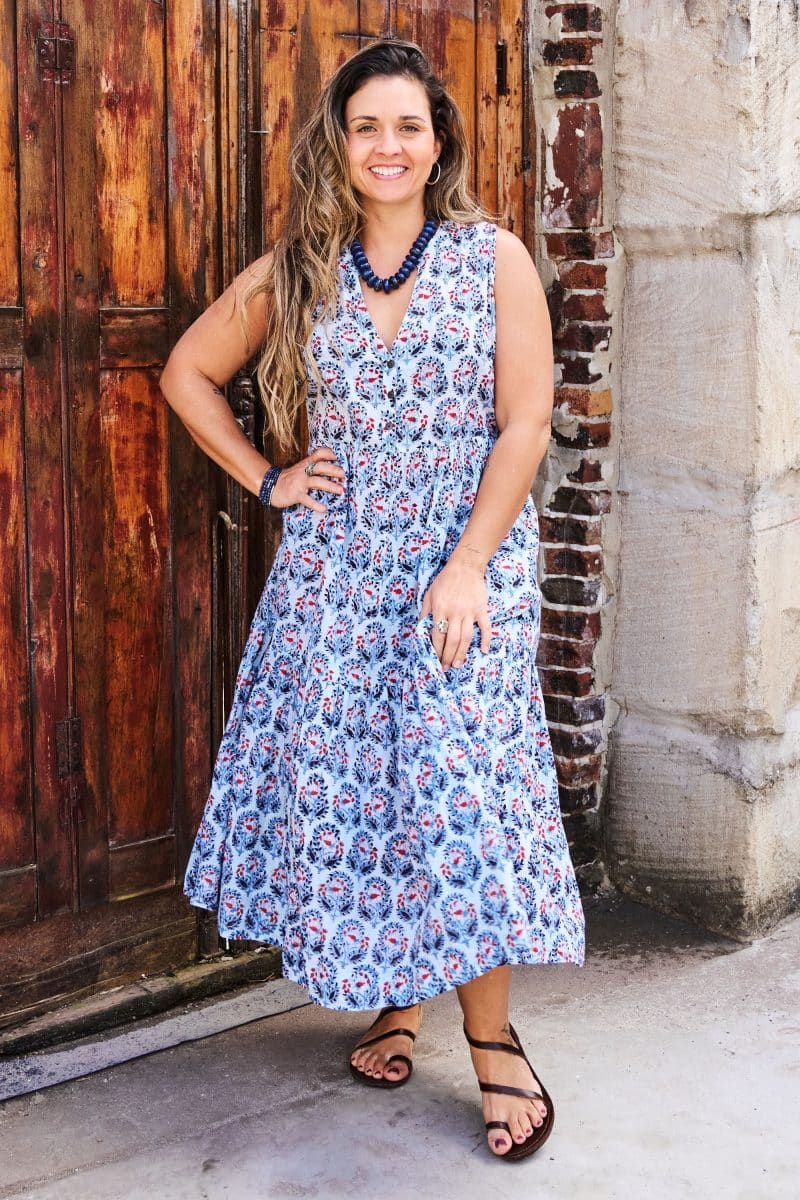 Womens, midi, Jhali Dress, sleeveless, 100% Cotton, hand block print. Saphire Blue - Saphira