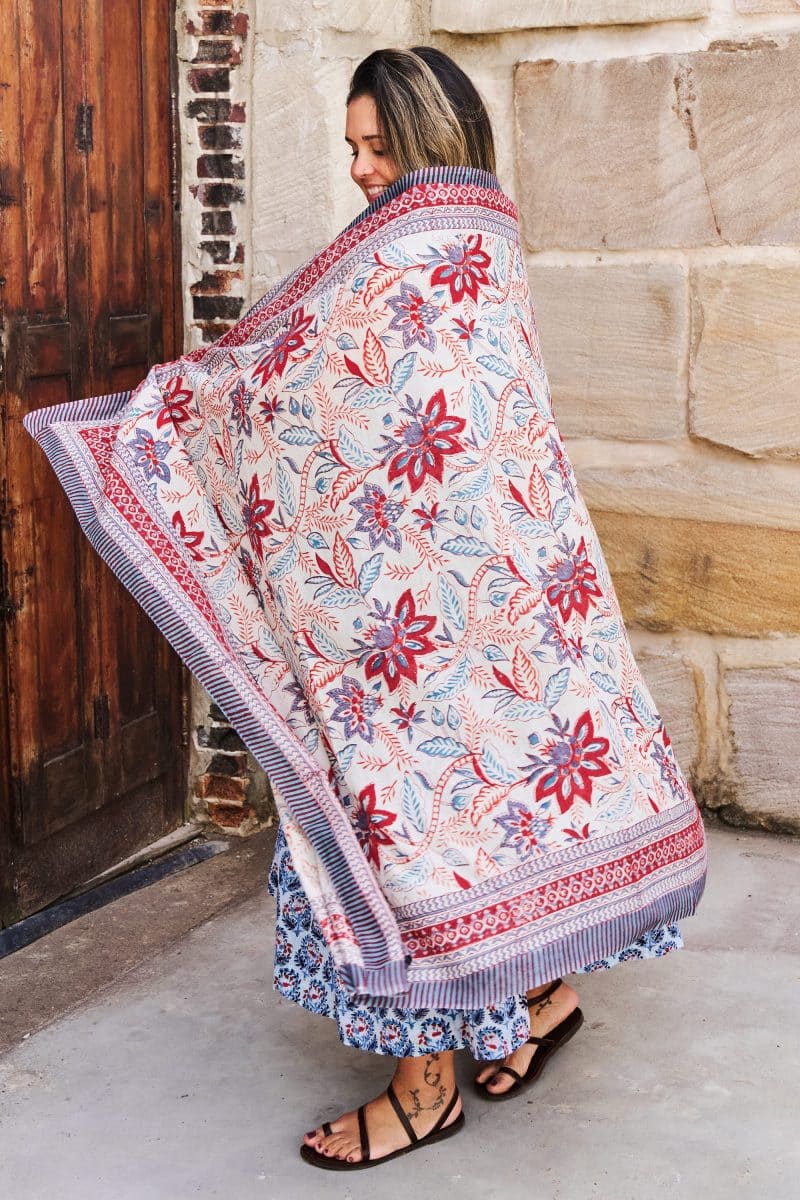 Sarong, 100% Cotton, hand block print. - in soft floral - Roshan