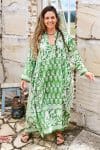 Womens, midi, maxi, Persia, Dress, long sleeves, 100% Cotton, hand block print. Summer Green - Fern