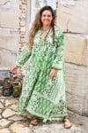 Womens, midi, maxi, Persia, Dress, long sleeves, 100% Cotton, hand block print. Summer Green - Fern