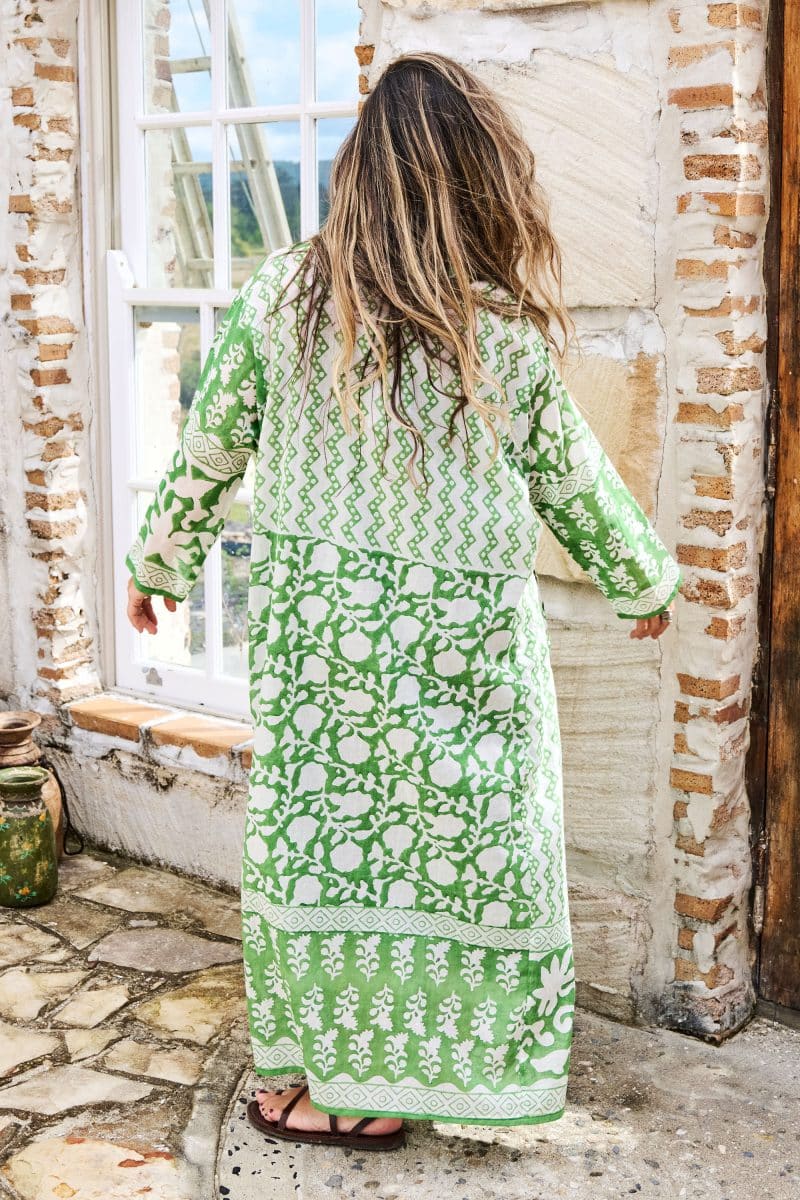 Womens, midi, maxi, Persia, Dress, long sleeves, 100% Cotton, hand block print. Summer Green - Fern