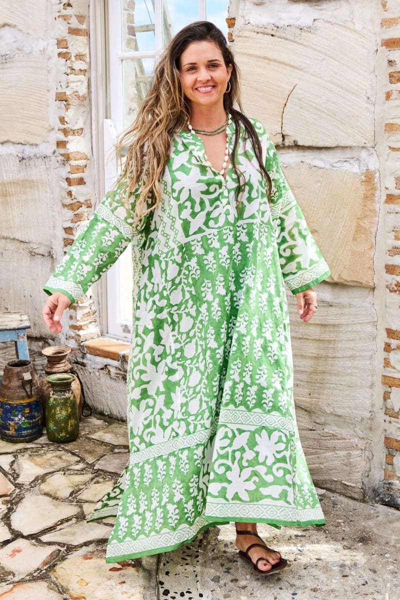 Womens, midi, maxi, Persia, Dress, long sleeves, 100% Cotton, hand block print. Summer Green - Fern