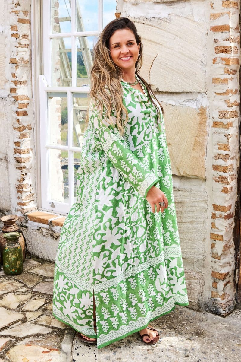 Womens, midi, maxi, Persia, Dress, long sleeves, 100% Cotton, hand block print. Summer Green - Fern