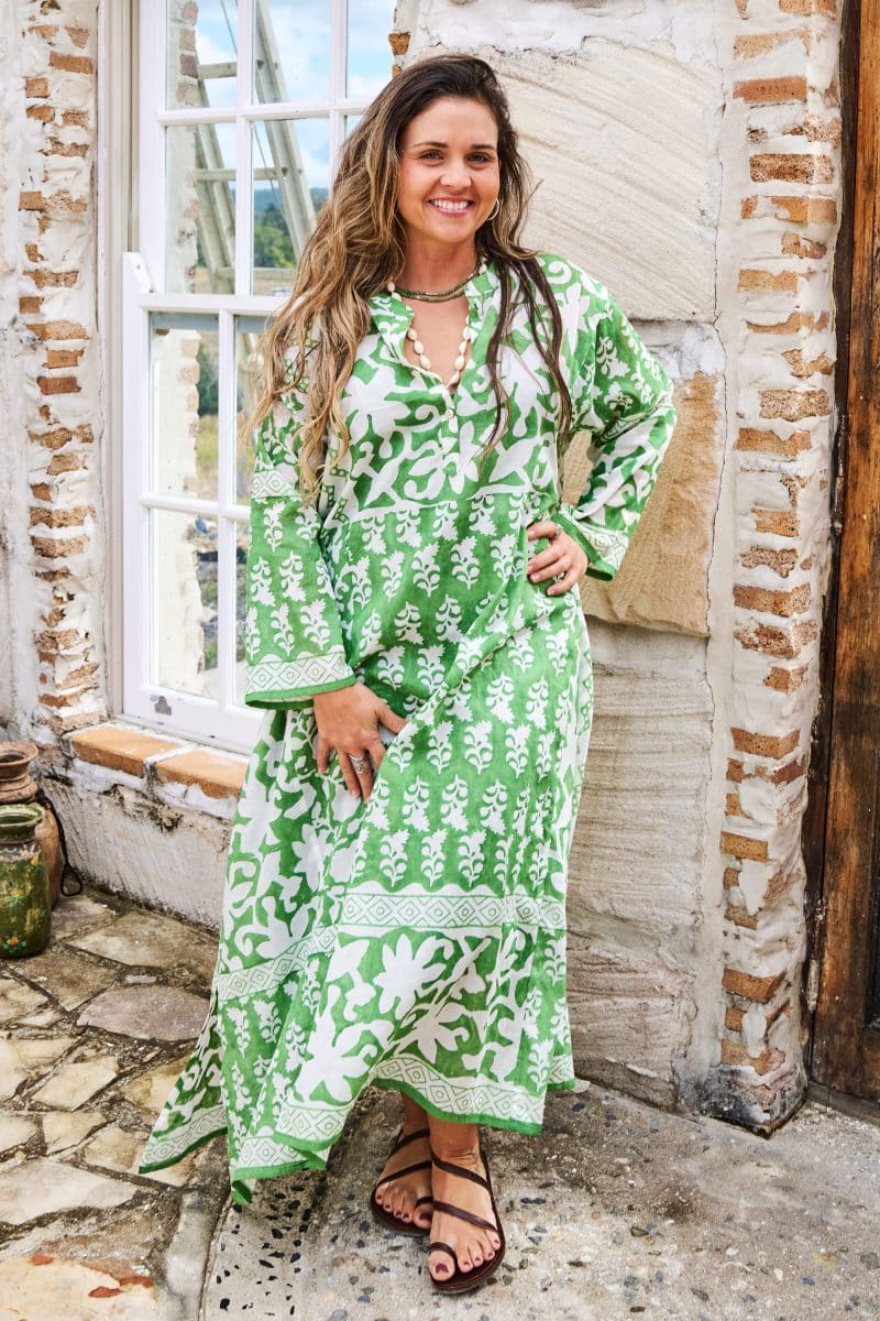 Womens, midi, maxi, Persia, Dress, long sleeves, 100% Cotton, hand block print. Summer Green - Fern