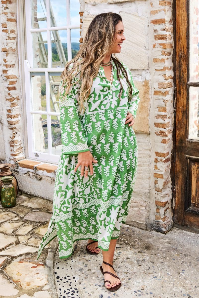 Womens, midi, maxi, Persia, Dress, long sleeves, 100% Cotton, hand block print. Summer Green - Fern