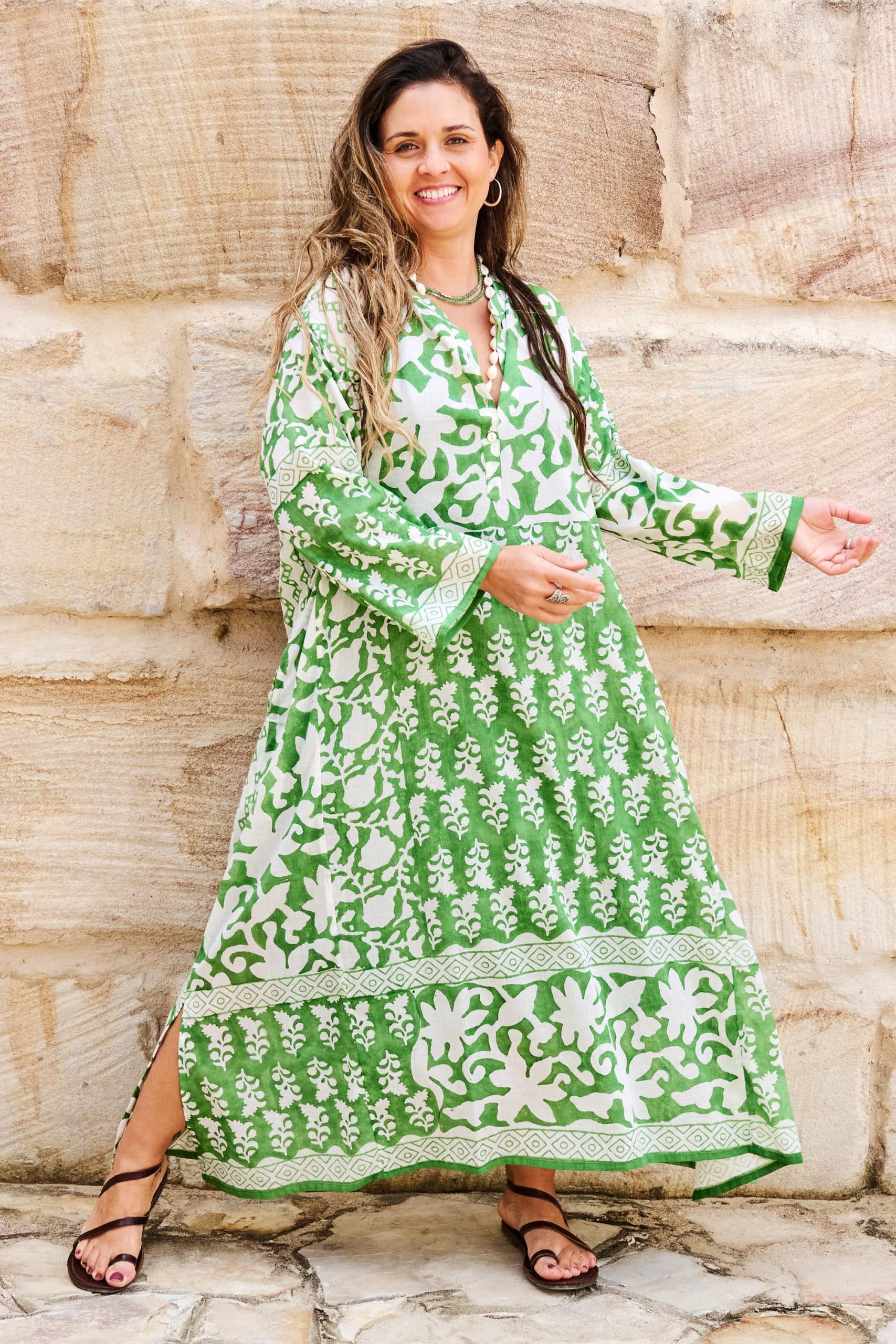 Womens, midi, maxi, Persia, Dress, long sleeves, 100% Cotton, hand block print. Summer Green - Fern